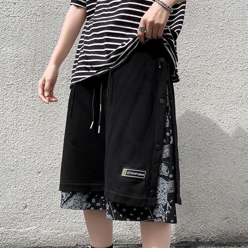 vintage腰果花籃球運動排扣褲子男夏季美式潮牌高級感休閑五分褲-細節圖3