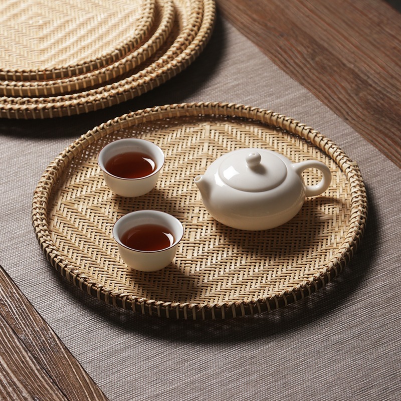 精緻竹編茶點盤 手工竹製水果饅頭筐 家用竹扁零食收納籃晾曬託盤-細節圖2