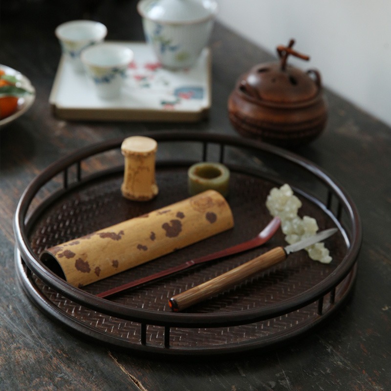 竹編茶盤果盤 茶室託盤奉茶中式復古 圓形席面茶配件手工 仿古-細節圖3
