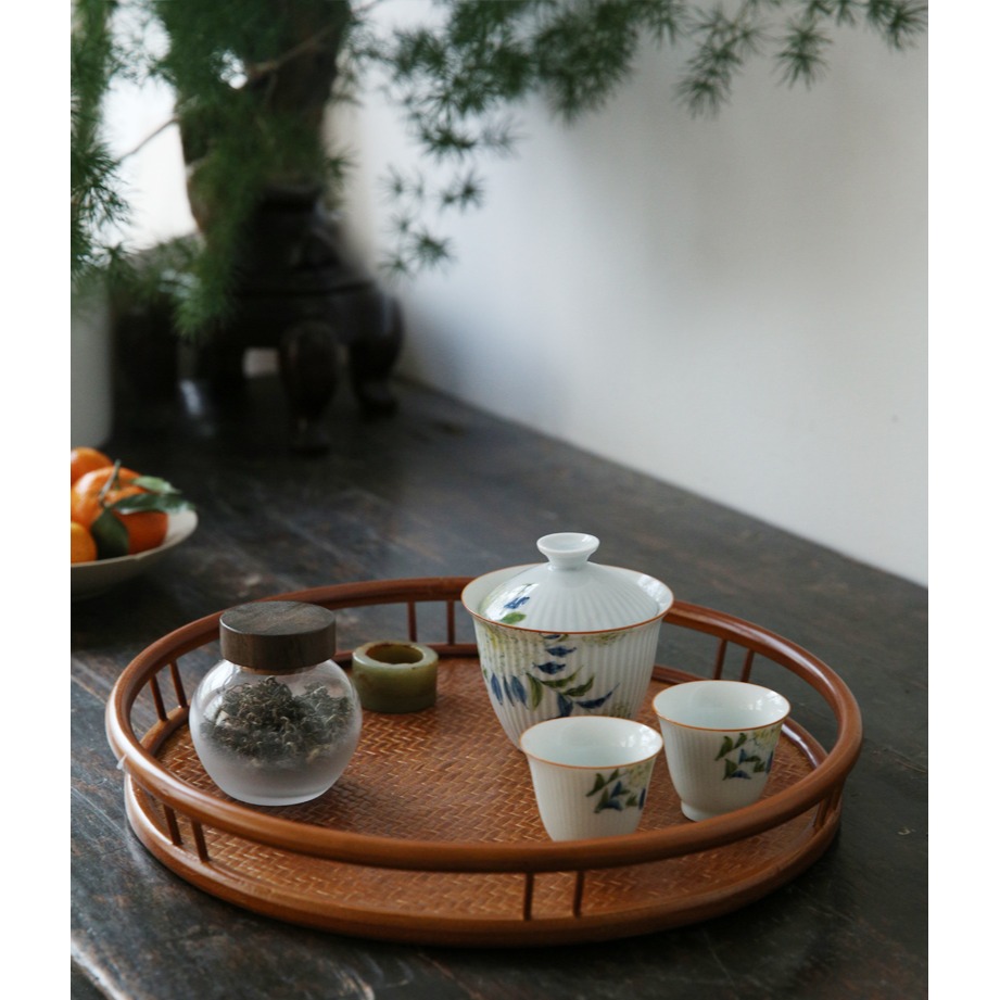 竹編茶盤果盤 茶室託盤奉茶中式復古 圓形席面茶配件手工 仿古-細節圖6