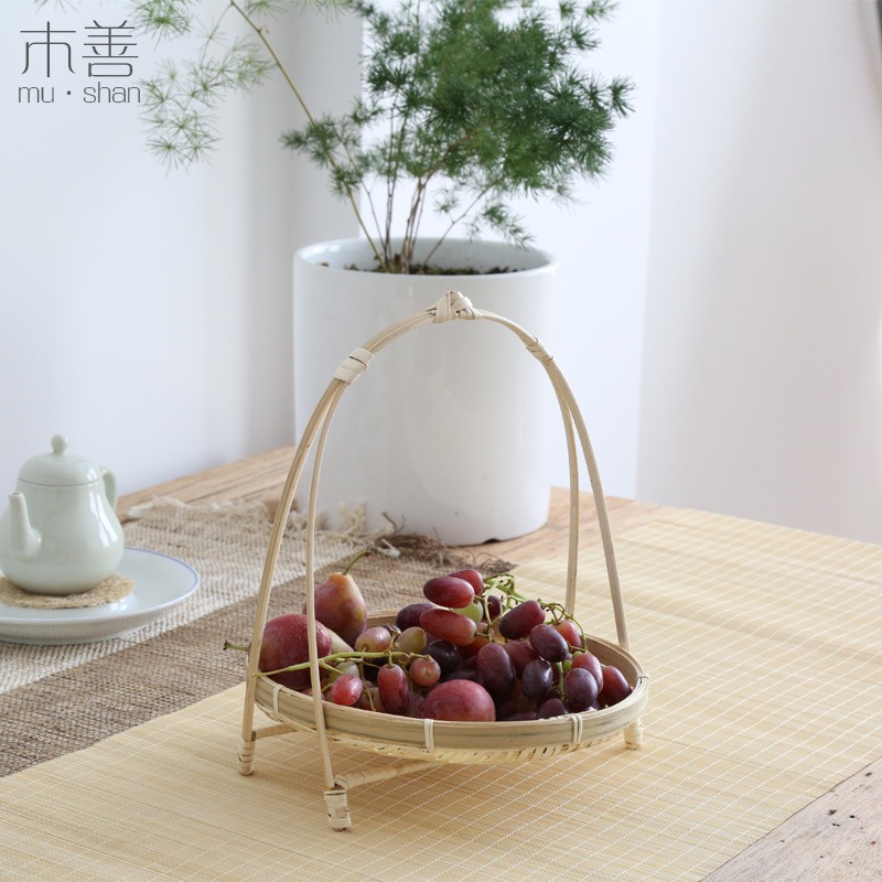 木善 竹編吊籃茶道收納籃子 手工竹籃水果盤茶點心籃乾果籃乾果盤-細節圖5
