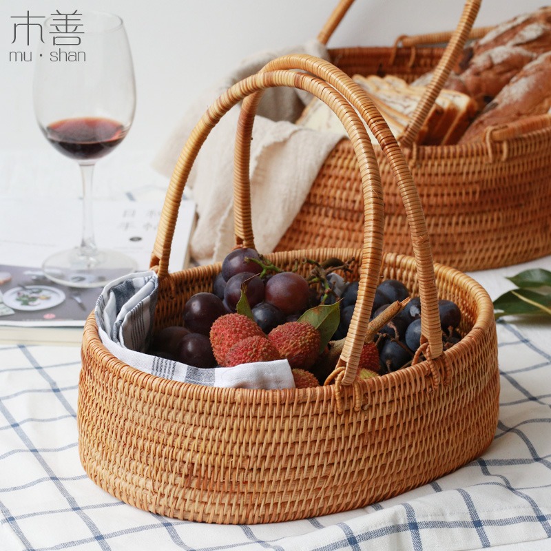 藤編籃子藤編提籃 收納藍 零食筐 水果籃藤編筐 採摘藍 野餐提籃-細節圖5