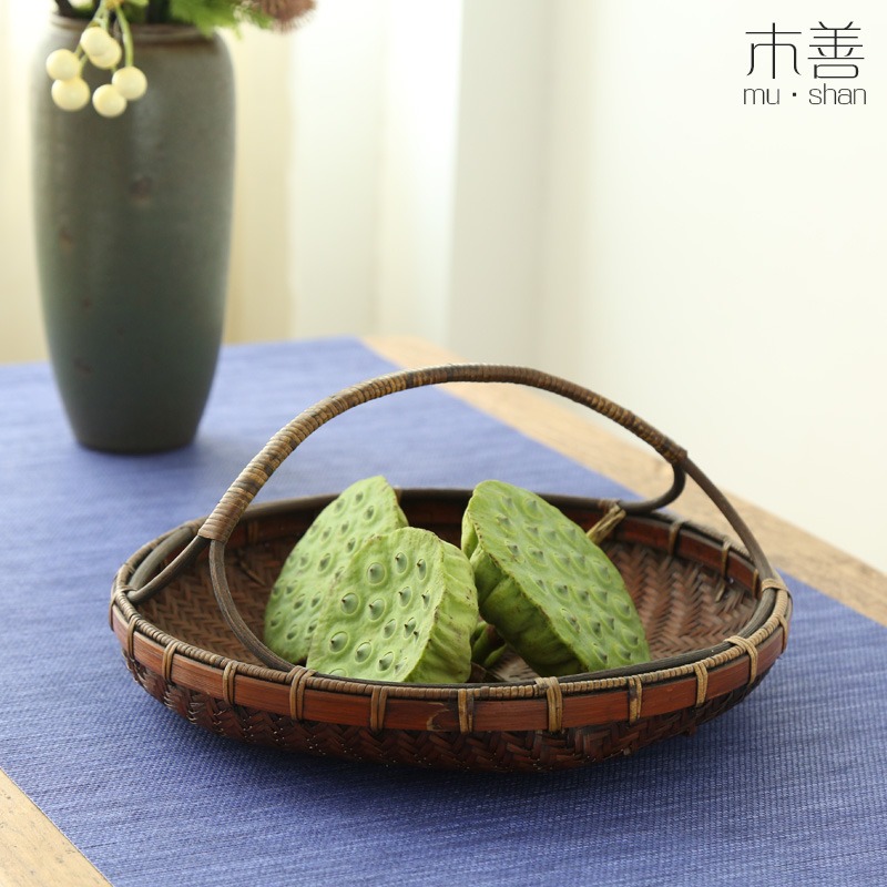 木善竹編茶點盤 水果盤 茶點籃 簡約收納託盤 復古提籃 手提果籃-細節圖5