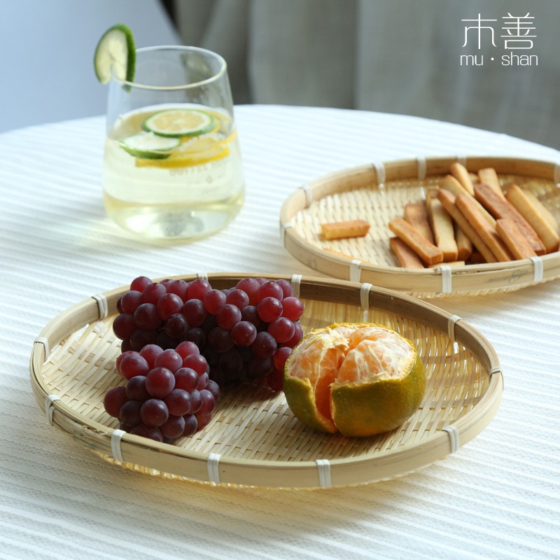 木善 零食筐 竹編筐小竹盤竹匾 竹篩子家用圓簸箕 點心筐 竹果盤-細節圖3