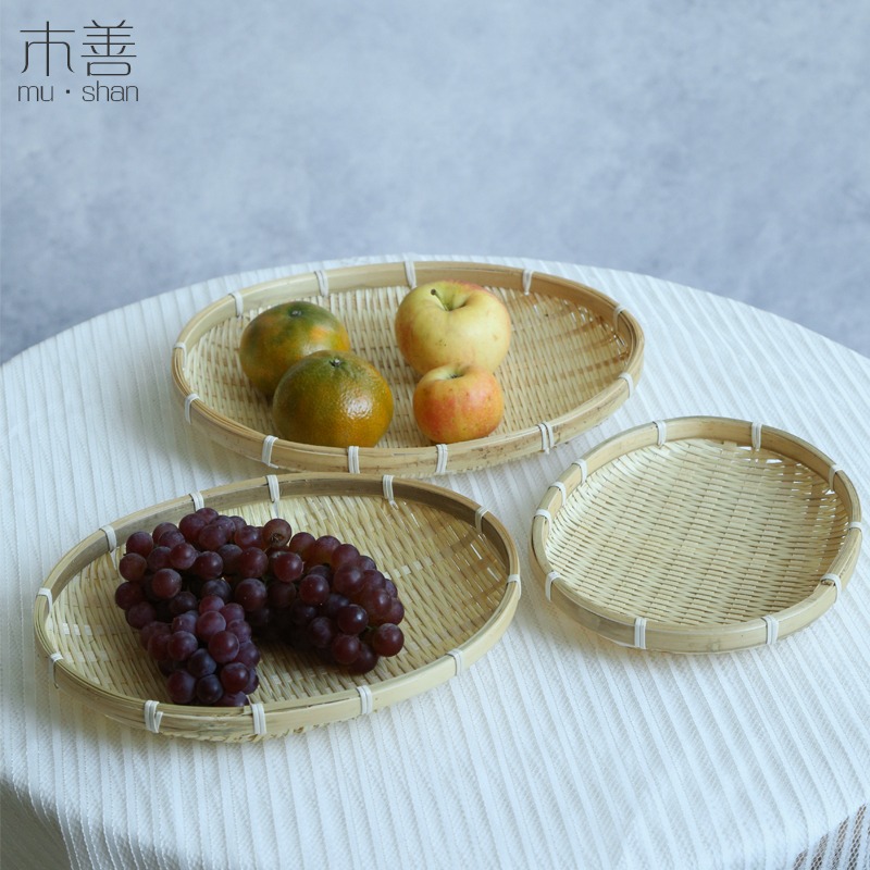 木善 零食筐 竹編筐小竹盤竹匾 竹篩子家用圓簸箕 點心筐 竹果盤-細節圖5