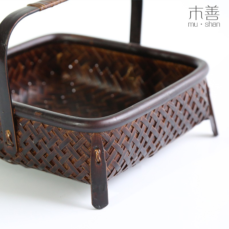 竹編籃子編織收納筐做舊茶道創意 水果籃復古乾果茶點盤-細節圖3