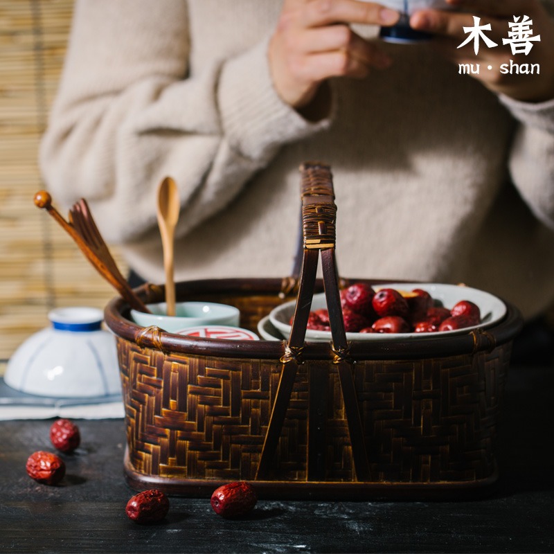 竹編筐 竹籃提盒食盒 做舊復古 茶具收納居家裝飾 無蓋橢圓形-細節圖3
