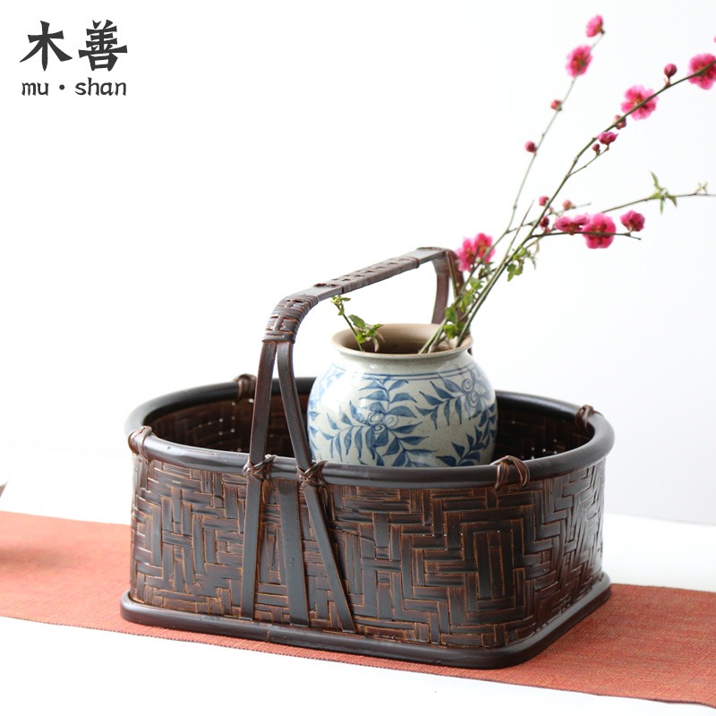 竹編筐 竹籃提盒食盒 做舊復古 茶具收納居家裝飾 無蓋橢圓形-細節圖4