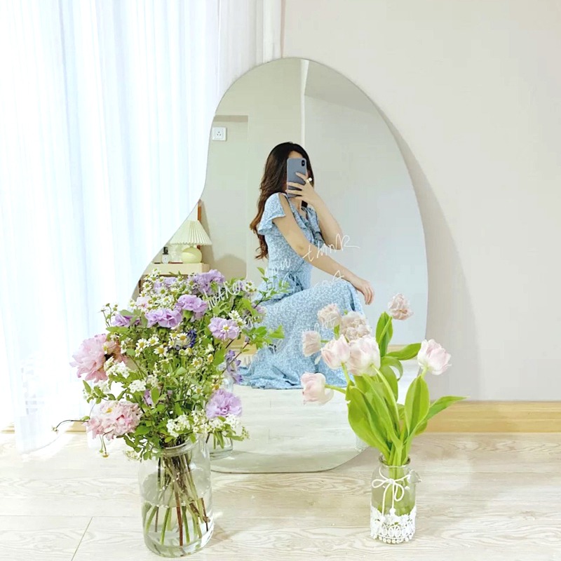 韓國ins穿衣鏡全身鏡壁掛服裝店落地鏡家用桌面化妝鏡芒果異形鏡-細節圖3