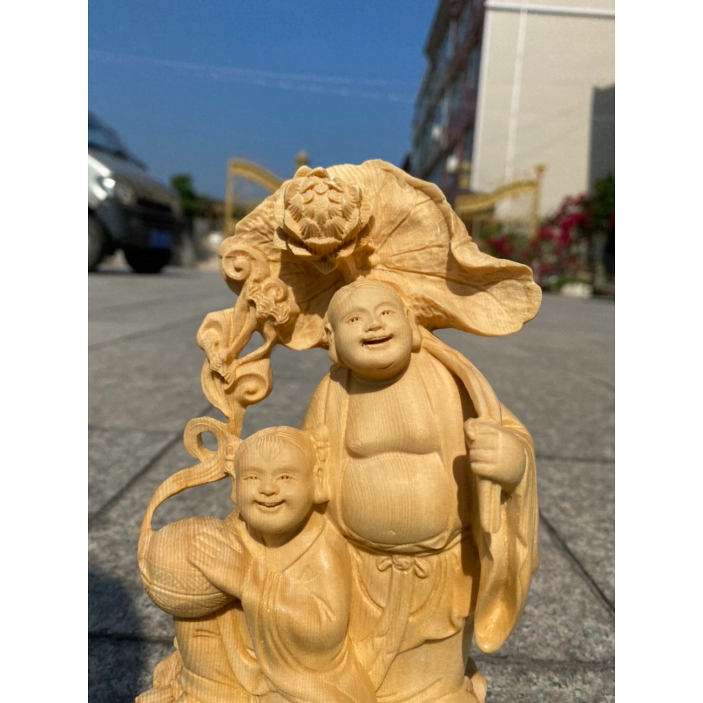 黃楊木雕和合二聖佛像擺件創意實木雕刻居家客廳裝飾人物工藝禮品-細節圖2