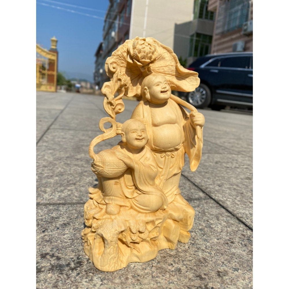 黃楊木雕和合二聖佛像擺件創意實木雕刻居家客廳裝飾人物工藝禮品-細節圖3