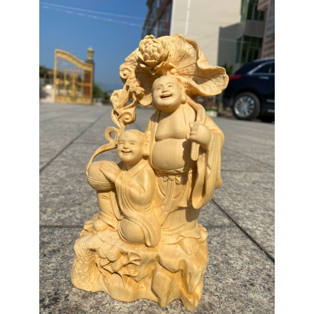 黃楊木雕和合二聖佛像擺件創意實木雕刻居家客廳裝飾人物工藝禮品-細節圖4