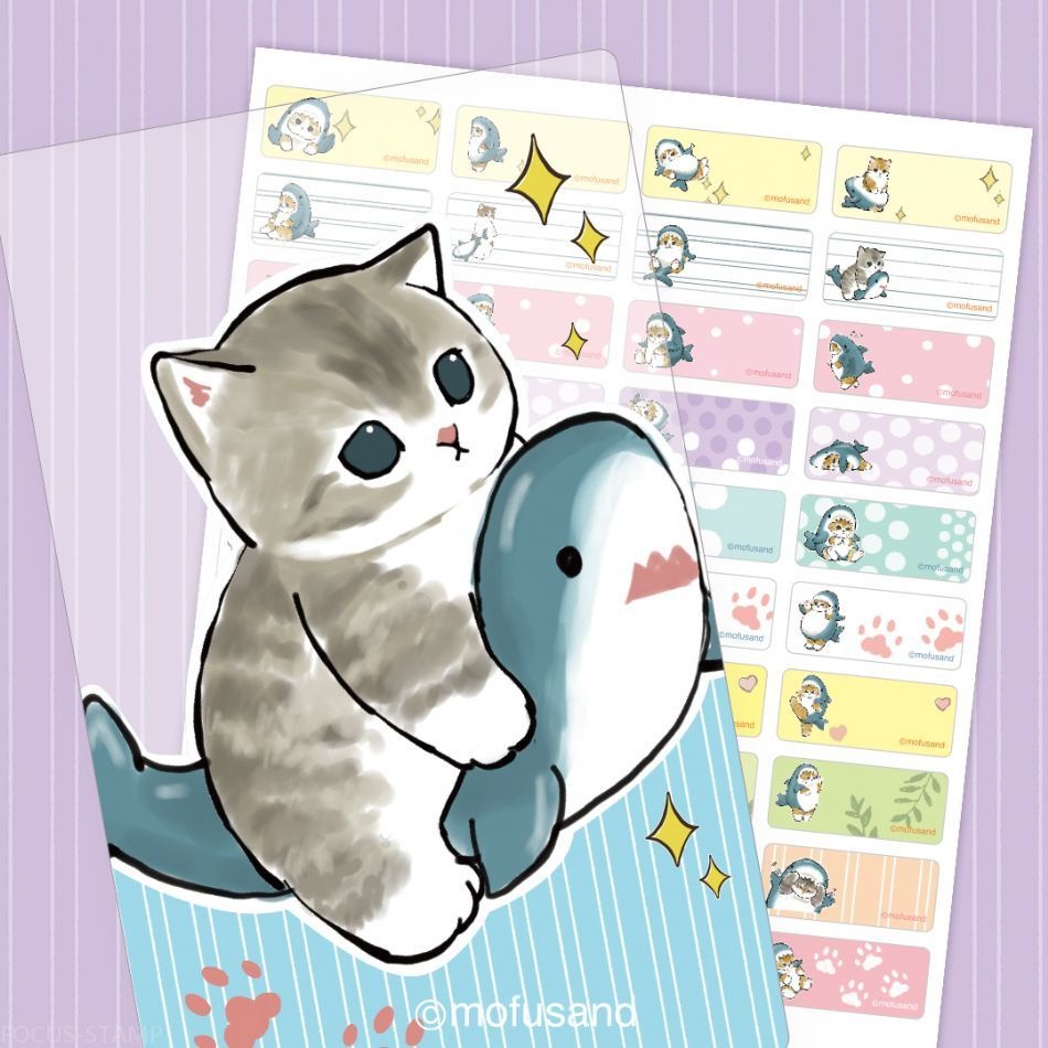 正版授權 Mofusand 貓福珊迪  鯊鯊版 姓名貼 姓名貼紙 彩色貼紙 鳳梨媽咪工作室-細節圖3