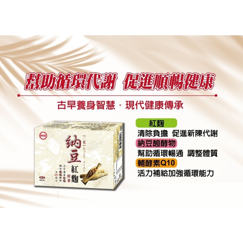 效期2027年6月 台糖 糖健 納豆紅麴膠囊60粒/盒 天然納豆菌發酵 循還暢通 活力補給 台糖納豆紅麴Q10-細節圖3