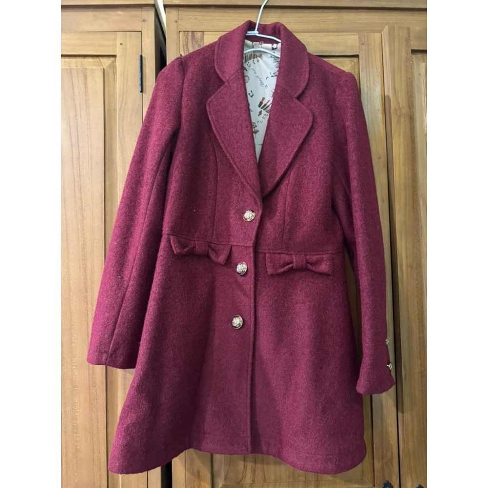 ❣️二手❣️酒紅色蝴蝶結女生大衣-細節圖2