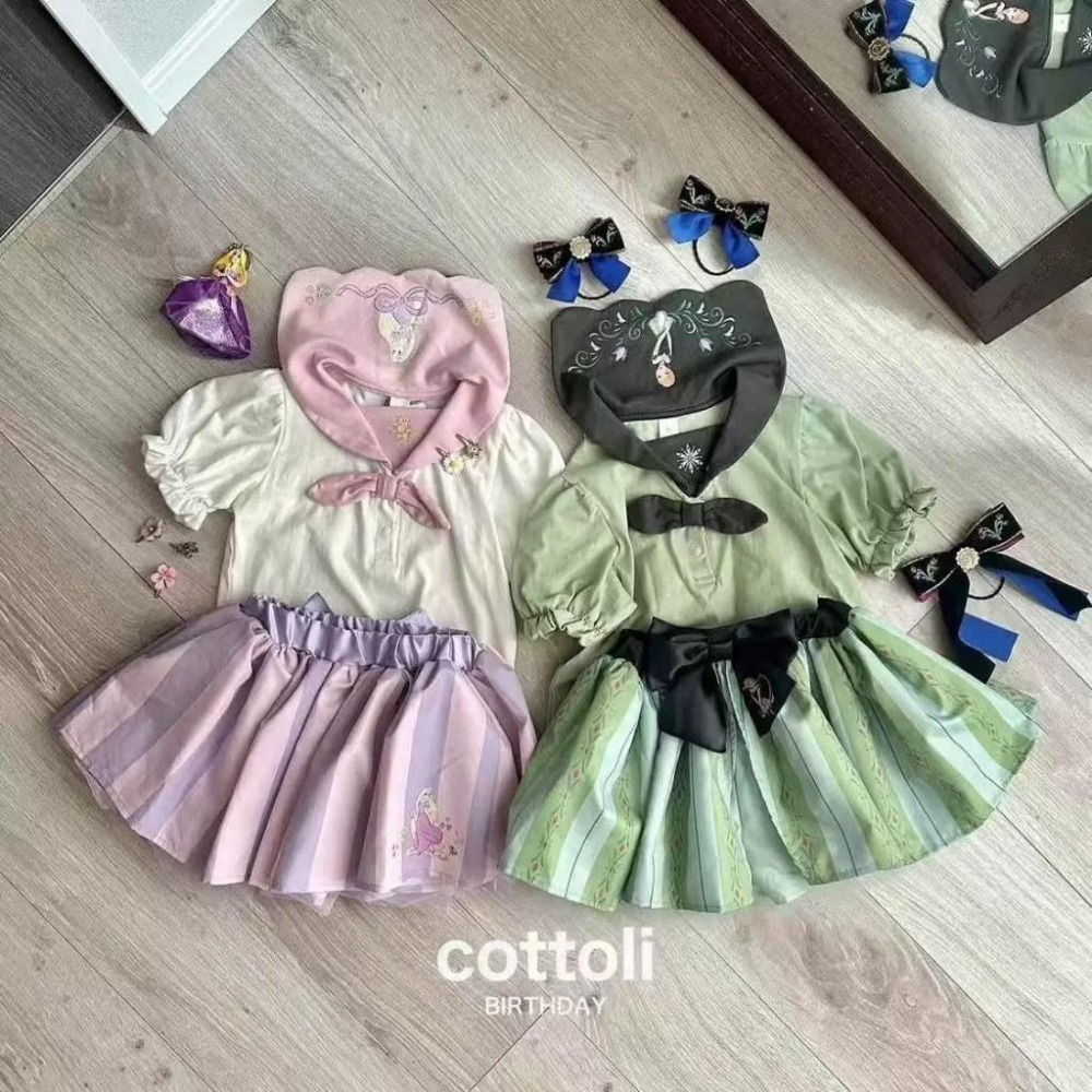 ❣️預購❣️日系日單可愛公主風套裝短袖上衣/褲裙/日系女寶/日系公主風/白雪艾莎/90-130cm-細節圖2