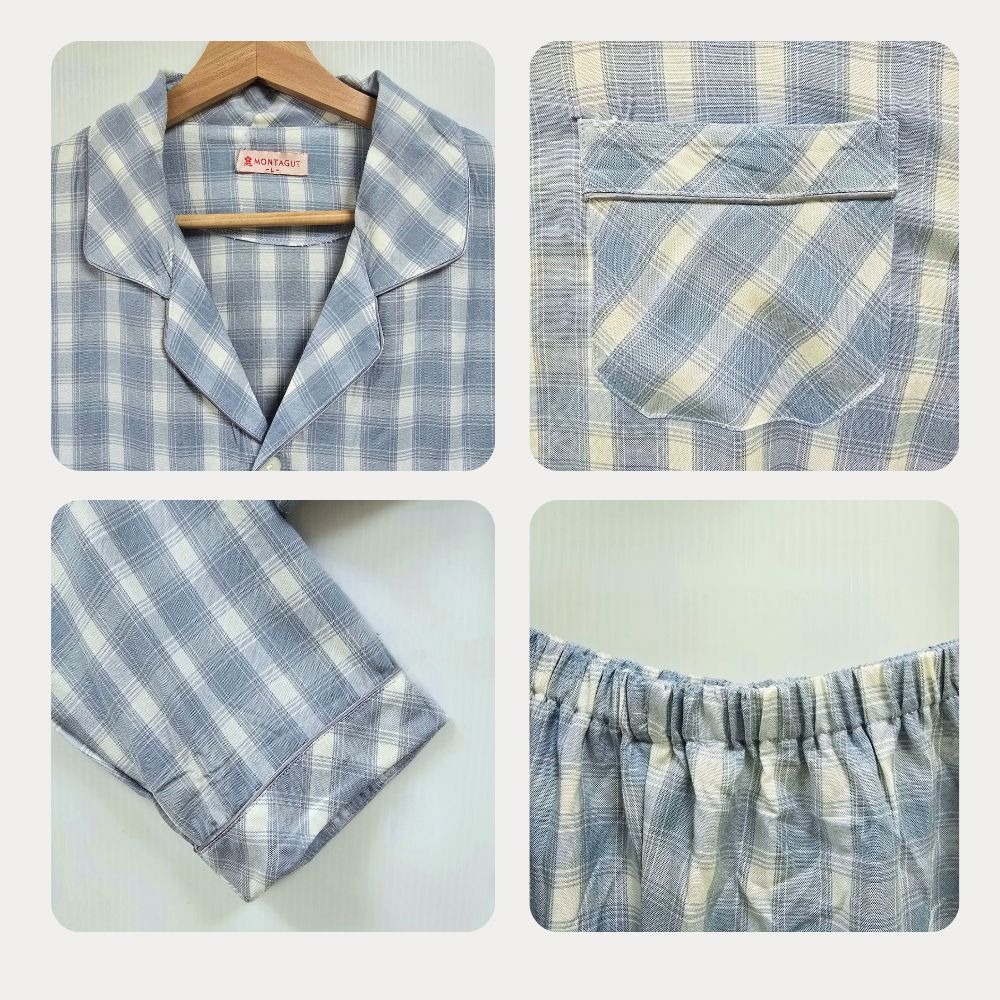 【MONTAGUT夢特嬌】68028 台灣製 100%純棉 藍綠色經典格紋前釦式男款褲裝睡衣 套裝居家服/褲裝居家服-細節圖3