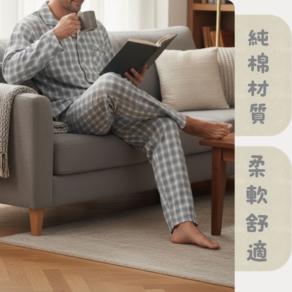 【MONTAGUT夢特嬌】68028 台灣製 100%純棉 藍綠色經典格紋前釦式男款褲裝睡衣 套裝居家服/褲裝居家服-細節圖5