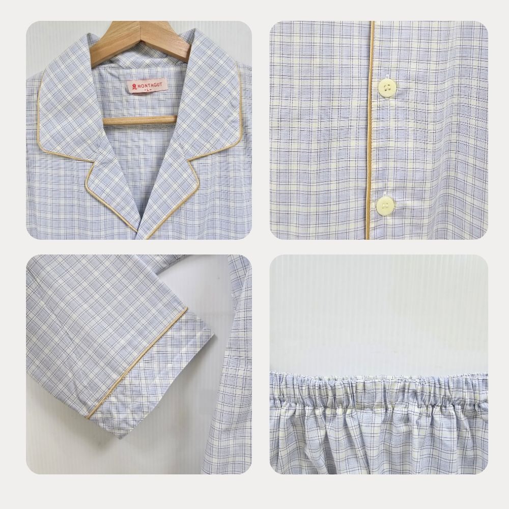 【MONTAGUT夢特嬌】68028 台灣製 60%純棉 水藍色經典格紋前釦式男款褲裝睡衣 套裝居家服/褲裝居家服-細節圖3