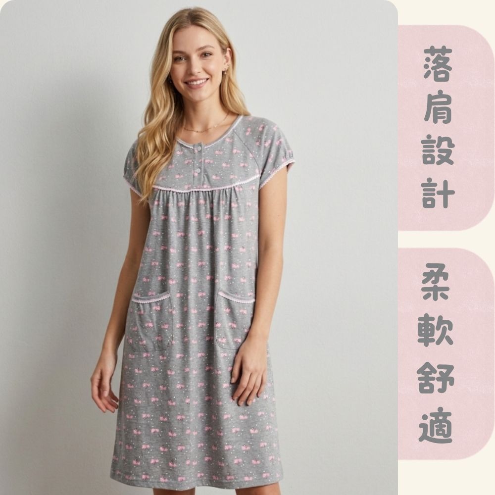 【MONTAGUT夢特嬌】65019 台灣製 滿版天鵝印花 短袖裙裝睡衣 洋裝居家服/裙裝居家服-細節圖5