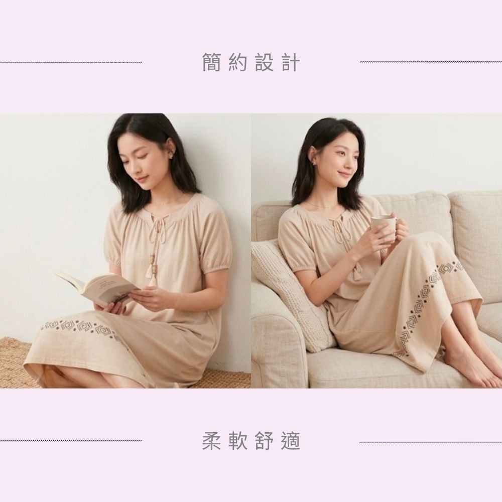 【MONTAGUT夢特嬌】65013 96%高棉質 幾何民族風綁帶裙裝睡衣 裙裝居家服/洋裝居家服-細節圖4
