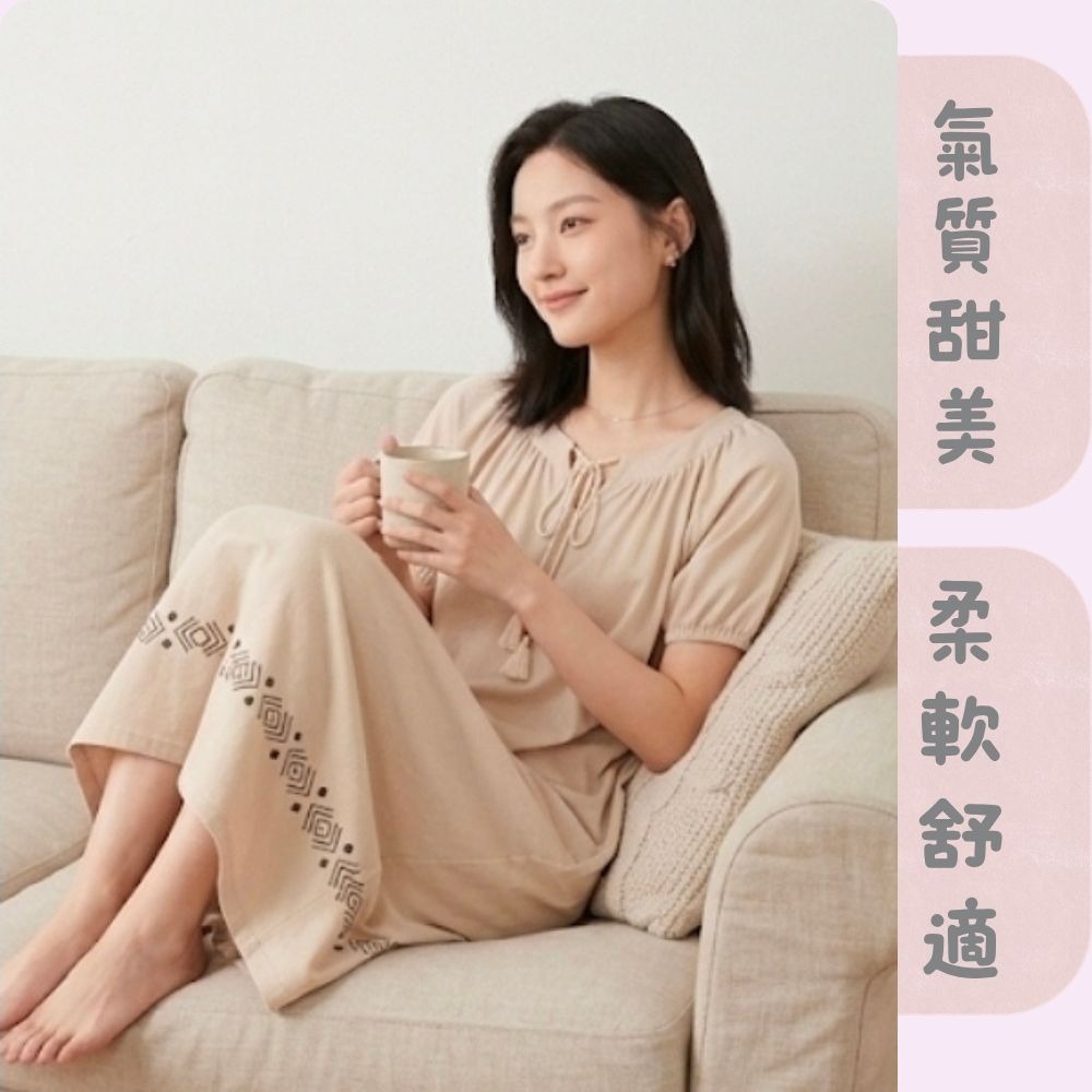 【MONTAGUT夢特嬌】65013 96%高棉質 幾何民族風綁帶裙裝睡衣 裙裝居家服/洋裝居家服-細節圖5