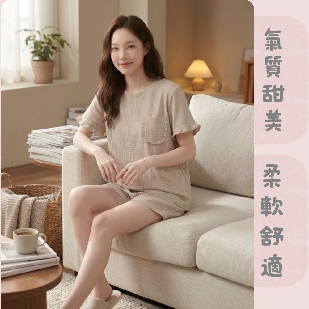 【MONTAGUT夢特嬌】67009 素色簡約荷葉滾邊褲裝睡衣 套裝居家服/褲裝居家服-細節圖5