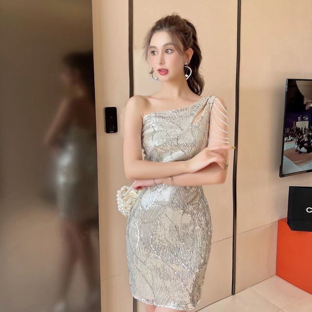 耀眼 華麗 奢華單肩亮片包臀洋裝 晚宴禮服 性感禮服 婚宴 活動 舞台裝 香檳金 玫瑰金 亮片禮服 亮片洋裝-細節圖3