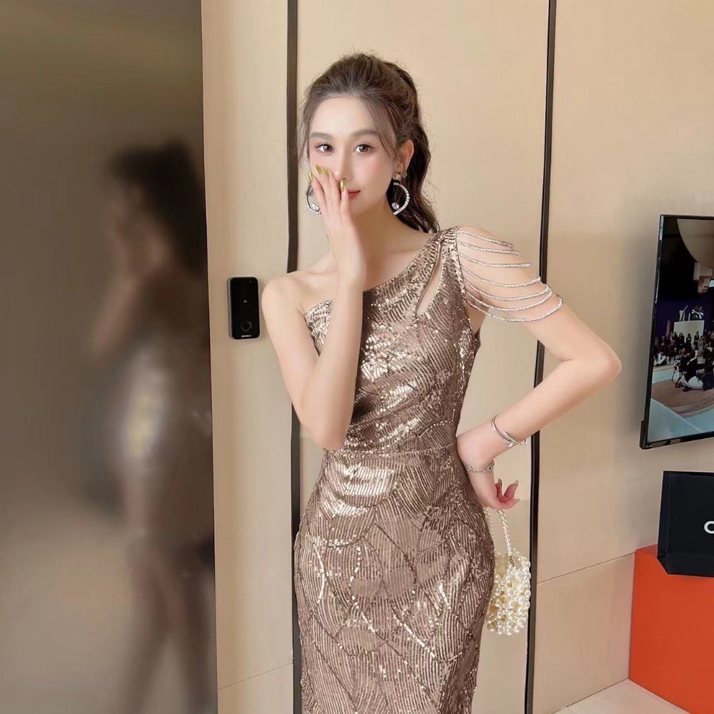 耀眼 華麗 奢華單肩亮片包臀洋裝 晚宴禮服 性感禮服 婚宴 活動 舞台裝 香檳金 玫瑰金 亮片禮服 亮片洋裝-細節圖4