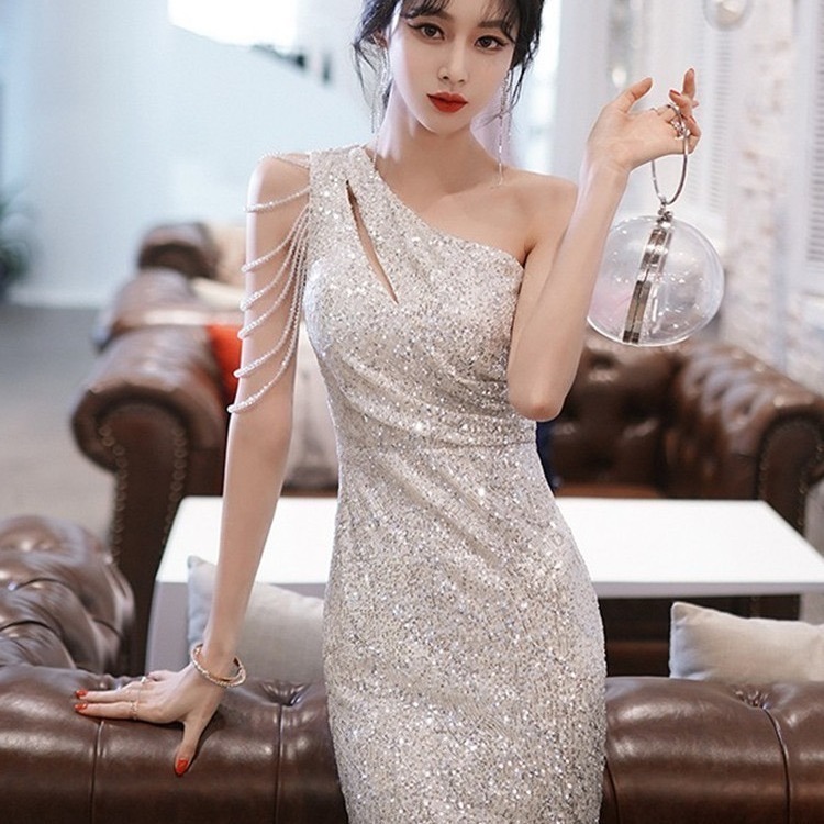 耀眼 華麗 奢華單肩亮片包臀洋裝 晚宴禮服 性感禮服 婚宴 活動 舞台裝 香檳金 玫瑰金 亮片禮服 亮片洋裝-細節圖5