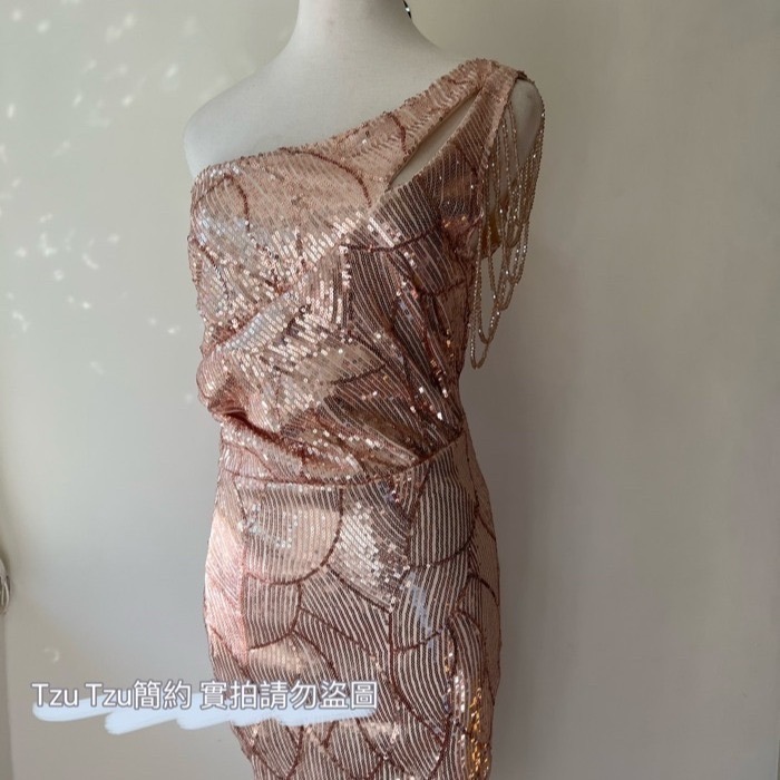 耀眼 華麗 奢華單肩亮片包臀洋裝 晚宴禮服 性感禮服 婚宴 活動 舞台裝 香檳金 玫瑰金 亮片禮服 亮片洋裝-細節圖8