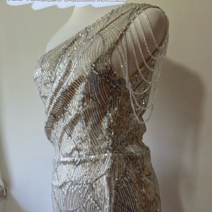 耀眼 華麗 奢華單肩亮片包臀洋裝 晚宴禮服 性感禮服 婚宴 活動 舞台裝 香檳金 玫瑰金 亮片禮服 亮片洋裝-細節圖9