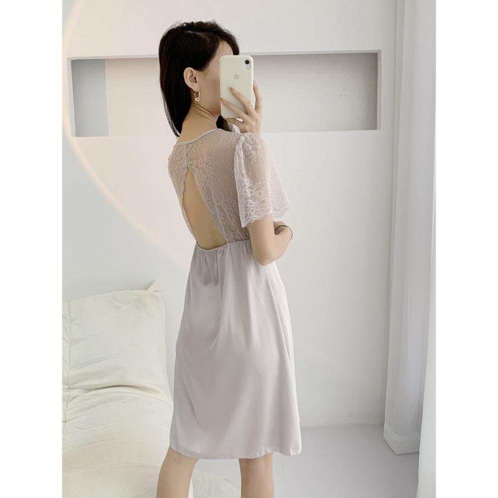 唯美性感 簡約 氣質單品 小蓋袖 蕾絲拼接 緞面柔軟睡衣裙 甜美睡衣 性感睡衣 銀灰 白色 黑色 基本款-細節圖6