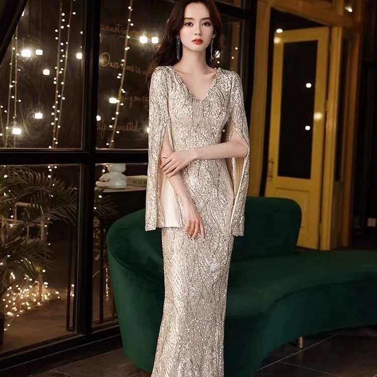 復古華麗風 奢華V領長袖亮片長禮服 晚宴服 晚禮服 質感亮片長禮服 金色 香檳金 大尺碼 宴會洋裝 亮片禮服-細節圖2