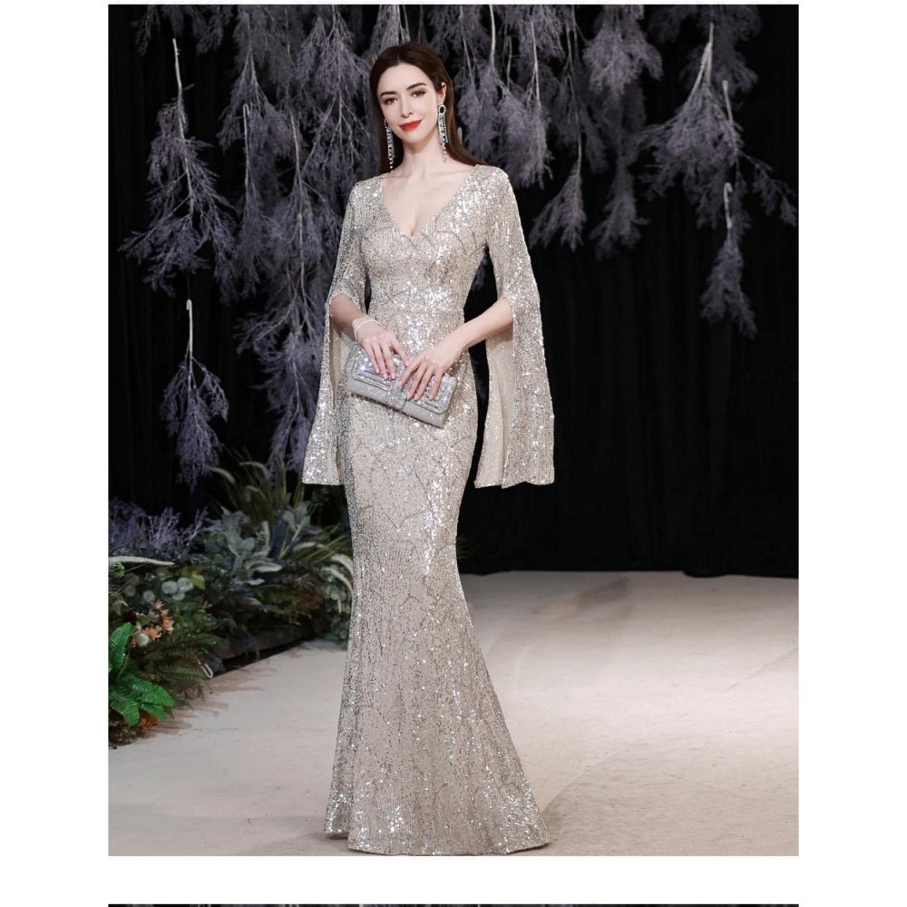 復古華麗風 奢華V領長袖亮片長禮服 晚宴服 晚禮服 質感亮片長禮服 金色 香檳金 大尺碼 宴會洋裝 亮片禮服-細節圖3