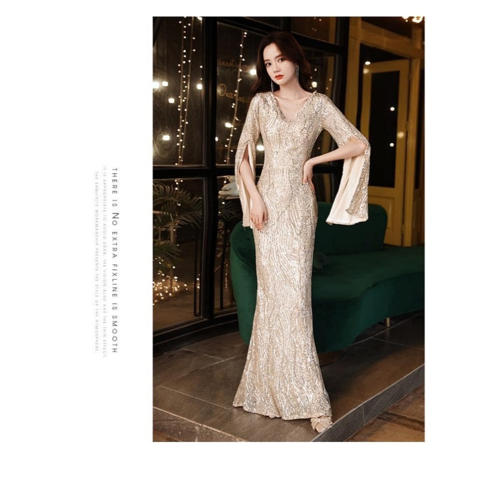 復古華麗風 奢華V領長袖亮片長禮服 晚宴服 晚禮服 質感亮片長禮服 金色 香檳金 大尺碼 宴會洋裝 亮片禮服-細節圖4
