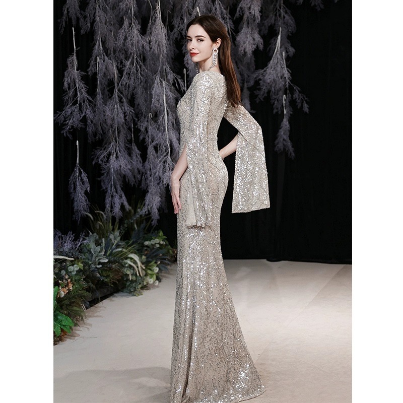 復古華麗風 奢華V領長袖亮片長禮服 晚宴服 晚禮服 質感亮片長禮服 金色 香檳金 大尺碼 宴會洋裝 亮片禮服-細節圖5