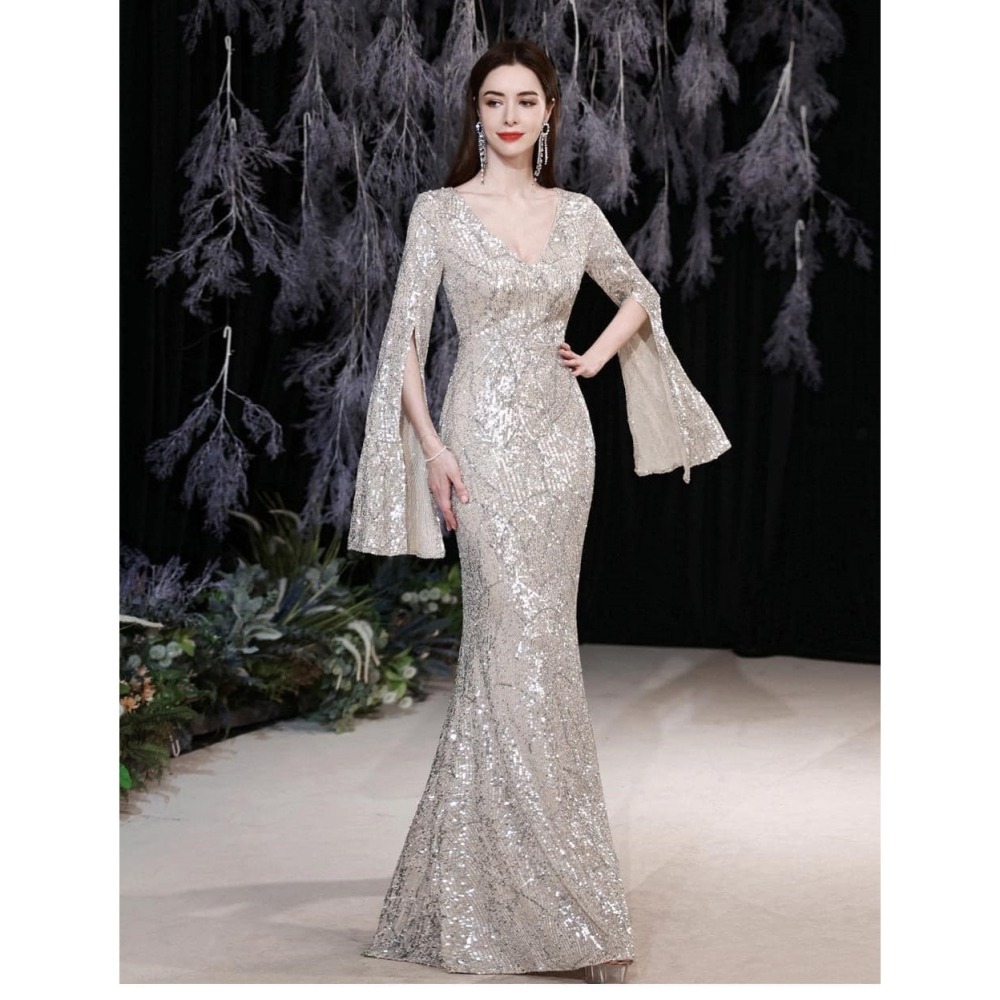 復古華麗風 奢華V領長袖亮片長禮服 晚宴服 晚禮服 質感亮片長禮服 金色 香檳金 大尺碼 宴會洋裝 亮片禮服-細節圖6