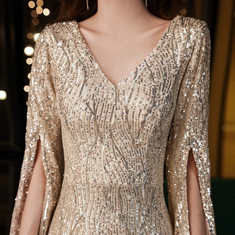 復古華麗風 奢華V領長袖亮片長禮服 晚宴服 晚禮服 質感亮片長禮服 金色 香檳金 大尺碼 宴會洋裝 亮片禮服-細節圖7