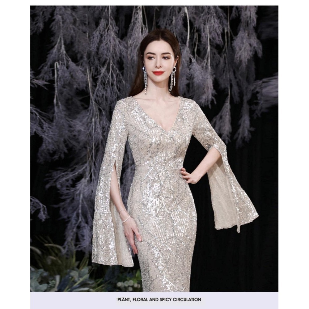 復古華麗風 奢華V領長袖亮片長禮服 晚宴服 晚禮服 質感亮片長禮服 金色 香檳金 大尺碼 宴會洋裝 亮片禮服-細節圖8