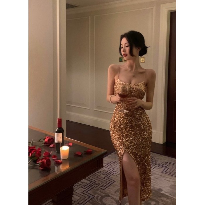 極具女人味 品味 復古奢華 玫瑰金色細肩帶 低胸包臀長洋裝 晚禮服 晚宴服 華麗 性感 亮片洋裝 爆款 閃耀-細節圖3