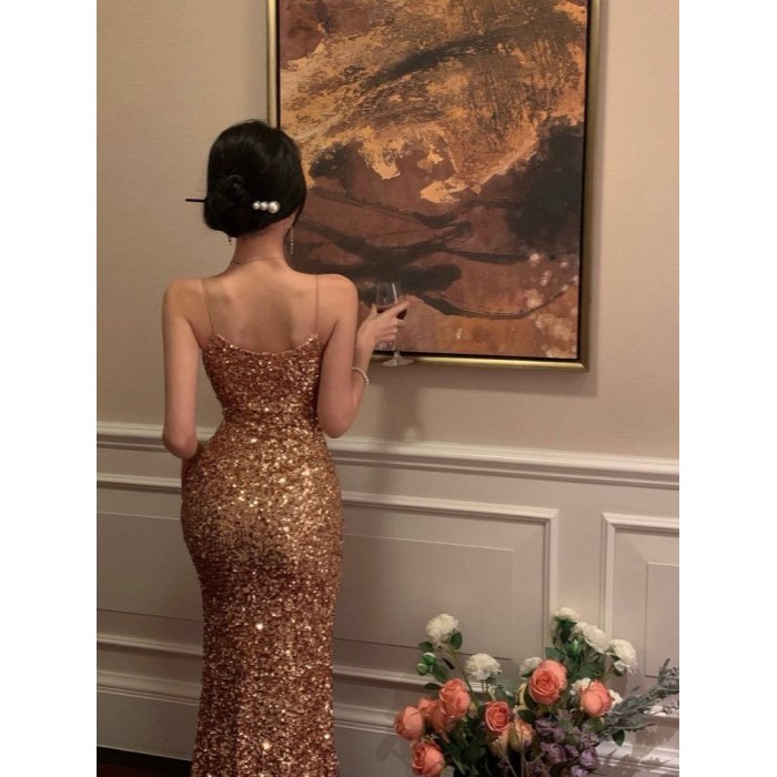 極具女人味 品味 復古奢華 玫瑰金色細肩帶 低胸包臀長洋裝 晚禮服 晚宴服 華麗 性感 亮片洋裝 爆款 閃耀-細節圖4