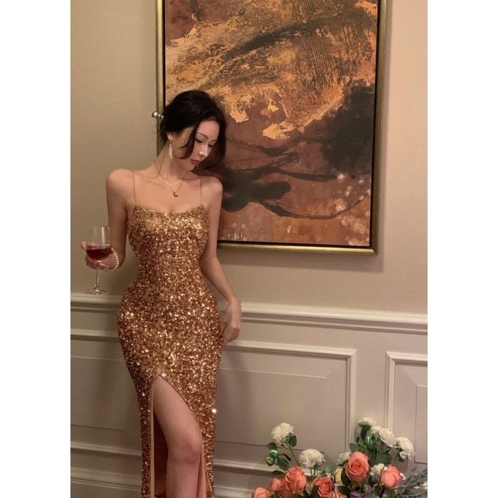 極具女人味 品味 復古奢華 玫瑰金色細肩帶 低胸包臀長洋裝 晚禮服 晚宴服 華麗 性感 亮片洋裝 爆款 閃耀-細節圖5