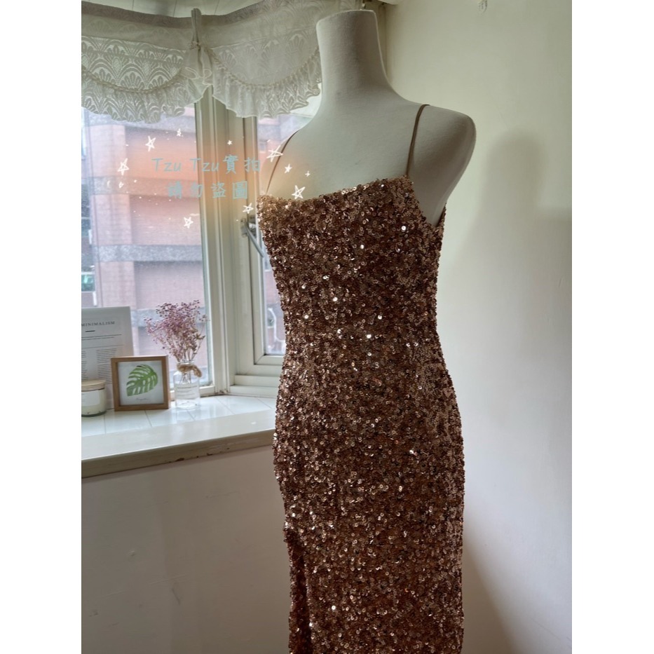 極具女人味 品味 復古奢華 玫瑰金色細肩帶 低胸包臀長洋裝 晚禮服 晚宴服 華麗 性感 亮片洋裝 爆款 閃耀-細節圖8