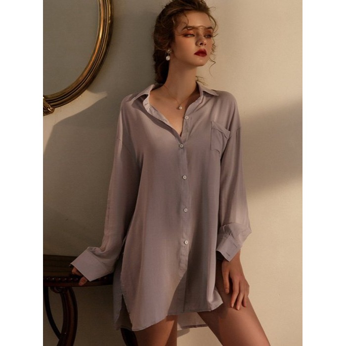 下半身失蹤 極簡 男友風 長袖寬鬆襯衫家居服 長版灰色襯衫睡衣 淺灰 寬版睡衣 若隱若現 性感睡衣-細節圖4