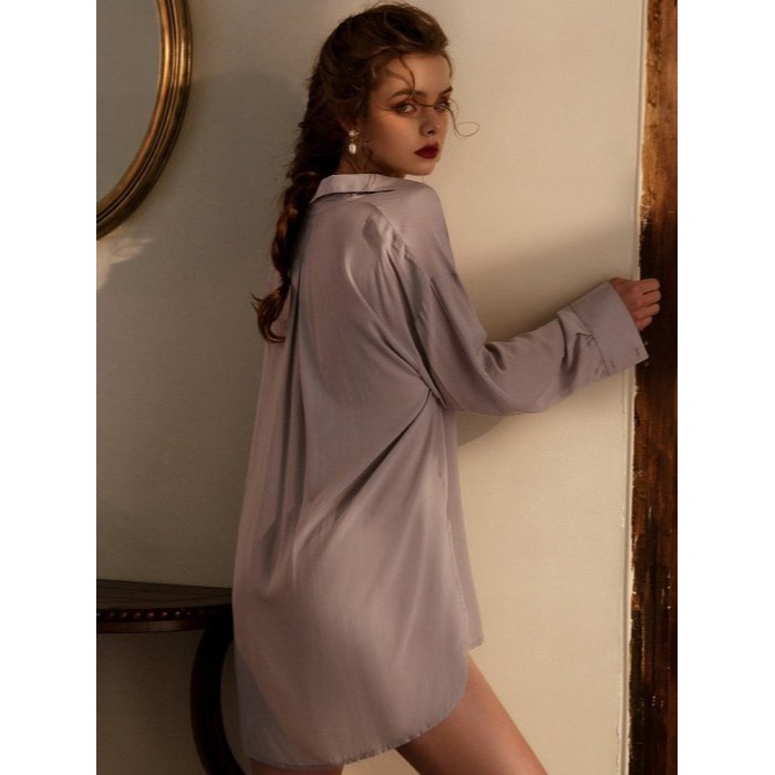 下半身失蹤 極簡 男友風 長袖寬鬆襯衫家居服 長版灰色襯衫睡衣 淺灰 寬版睡衣 若隱若現 性感睡衣-細節圖5