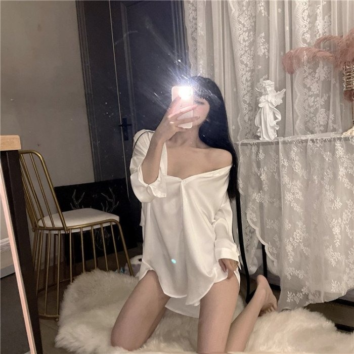 在家也要可可愛愛的 撩男必備戰袍 透膚 慵懶寬鬆 長袖純白男友襯衫家居服 性感睡衣 寬版 素色 白色襯衫睡衣 男友風-細節圖2