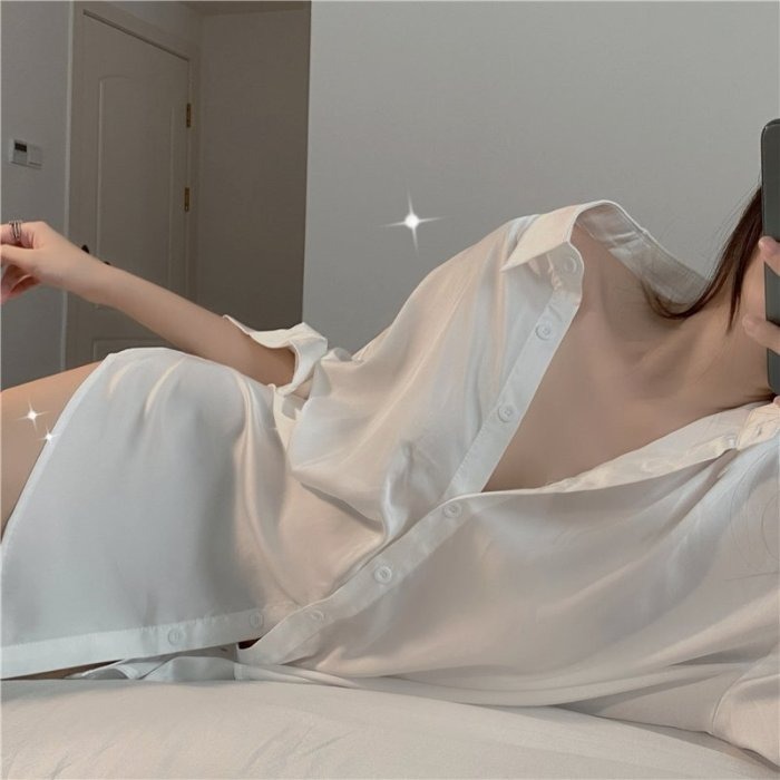 在家也要可可愛愛的 撩男必備戰袍 透膚 慵懶寬鬆 長袖純白男友襯衫家居服 性感睡衣 寬版 素色 白色襯衫睡衣 男友風-細節圖3