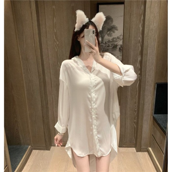 在家也要可可愛愛的 撩男必備戰袍 透膚 慵懶寬鬆 長袖純白男友襯衫家居服 性感睡衣 寬版 素色 白色襯衫睡衣 男友風-細節圖4