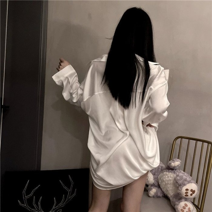 在家也要可可愛愛的 撩男必備戰袍 透膚 慵懶寬鬆 長袖純白男友襯衫家居服 性感睡衣 寬版 素色 白色襯衫睡衣 男友風-細節圖6